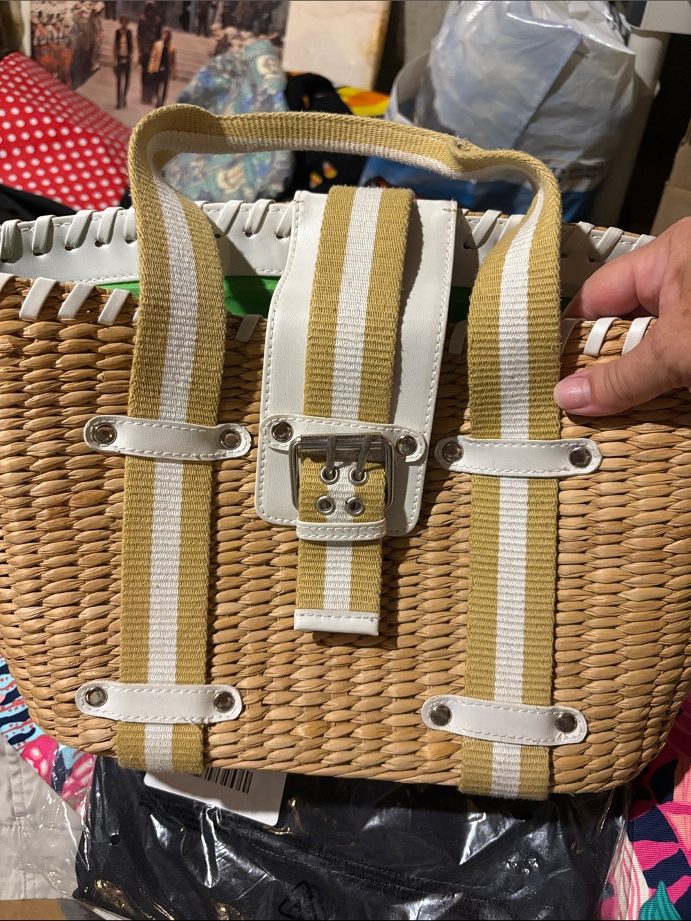 Donna Dixon Woven Straw Tote with White & Mustard Stripe Webbing